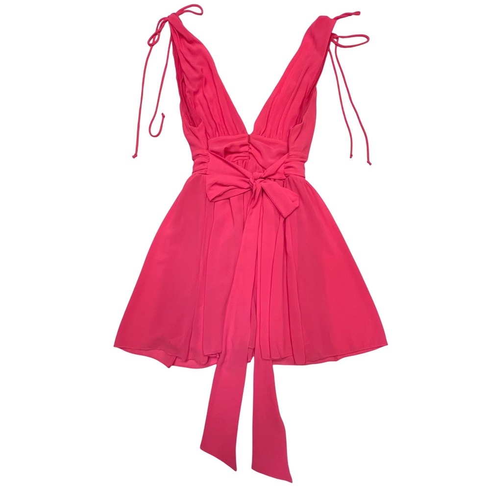 Lucy In The Sky Los Angeles Hot Pink Tie Shoulder Deep V Mini Dress Size L - Picture 7 of 9